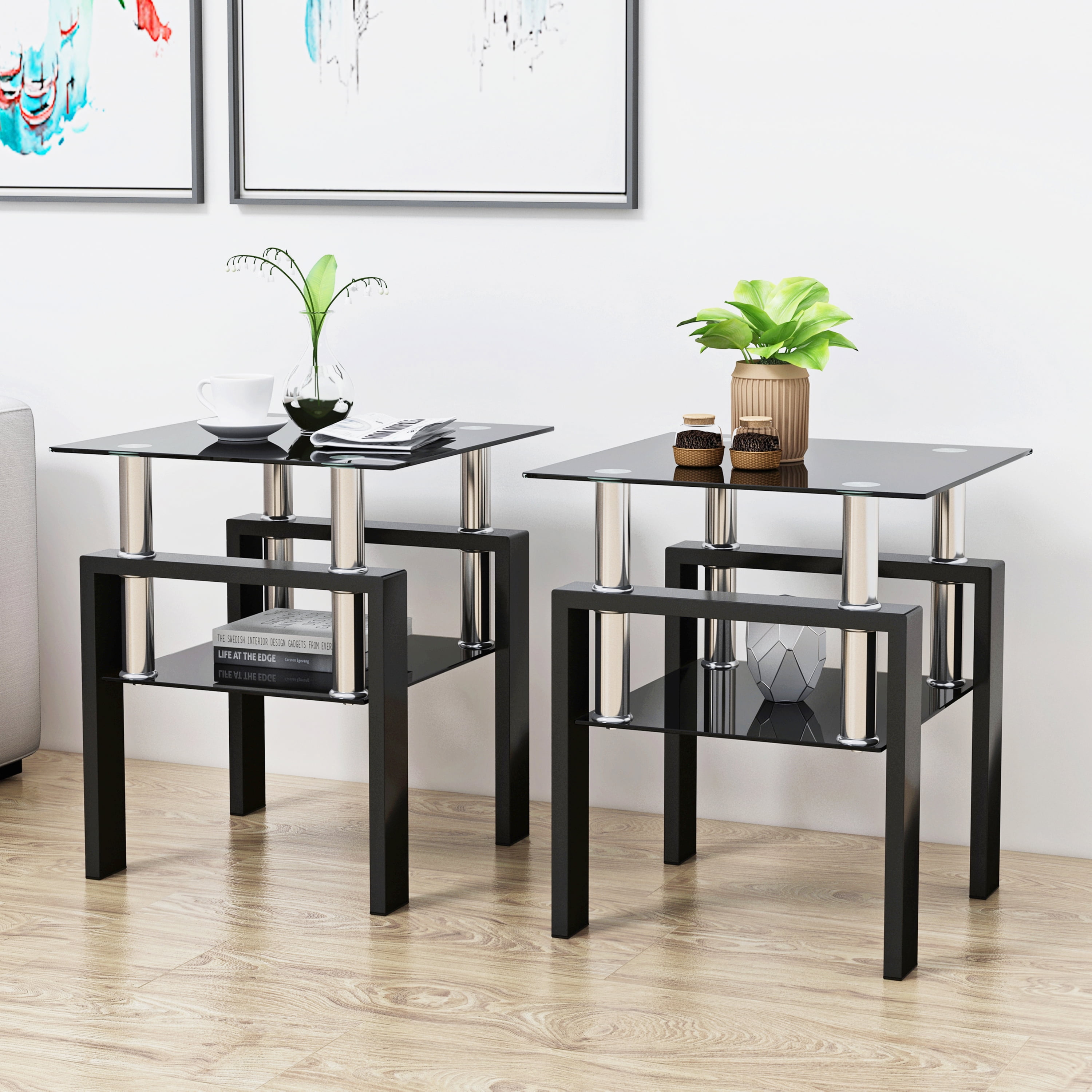 Euroco Set of 2, Modern Tempered Glass Tea Table Coffee Table End Table, Square Table for Living Room, Black