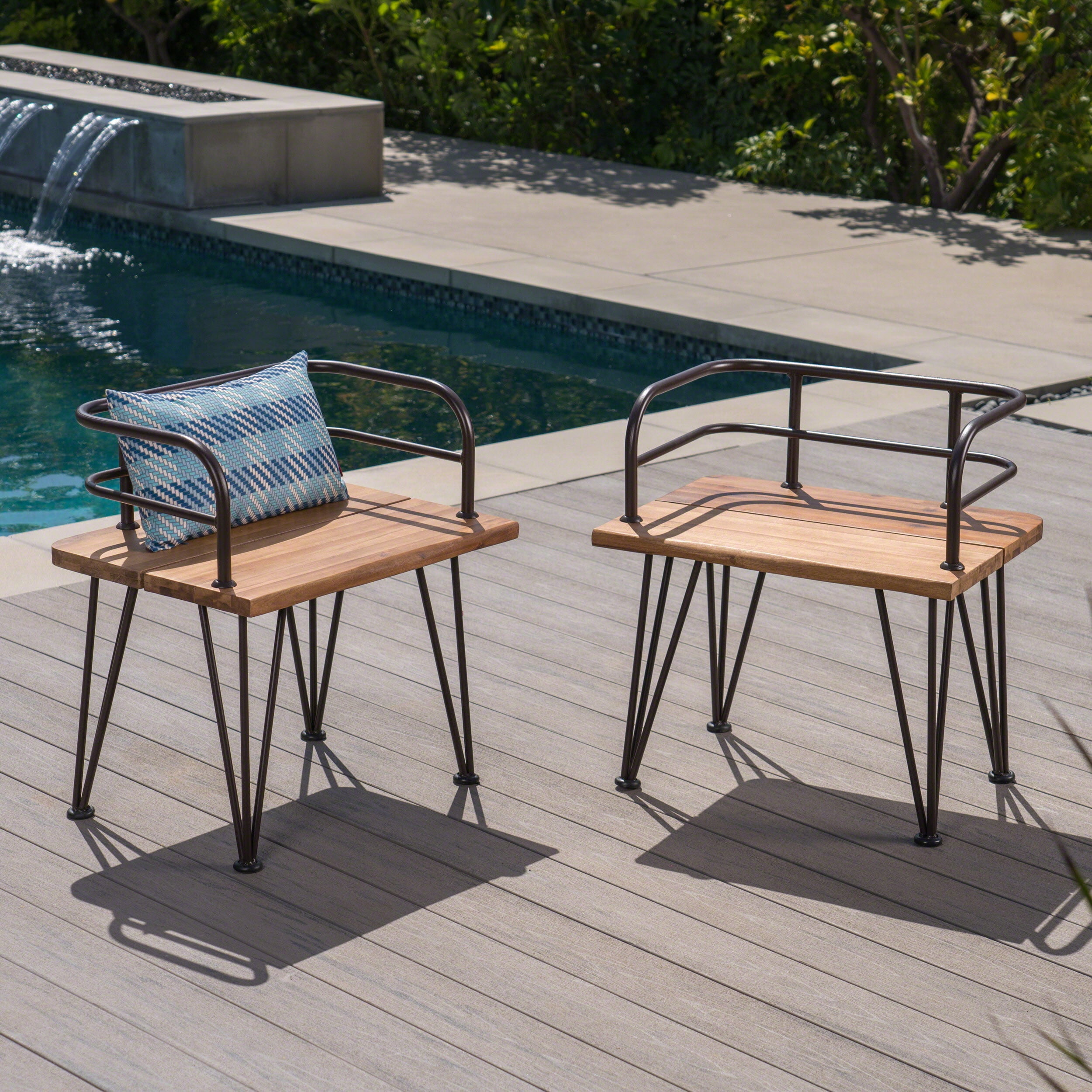 Euroco Set of 2 Rustic Industrial Outdoor Chairs with Acacia Wood Seat and Iron Frame, Teak Finish