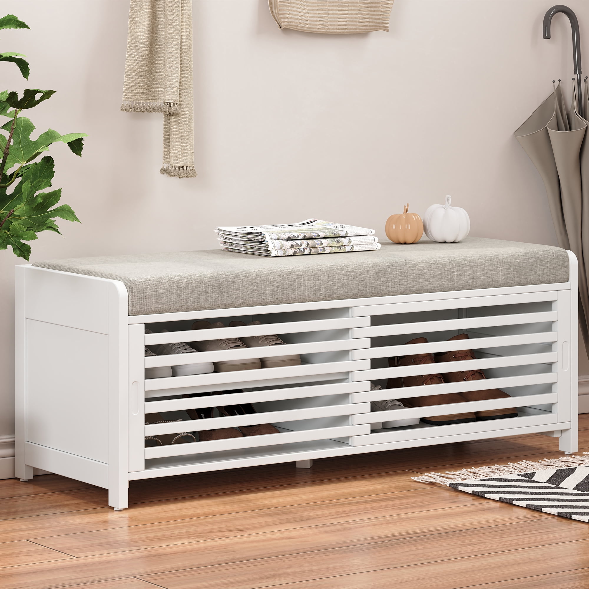 Euroco Shoe Bench with Storage and Cushion, Distressed Shutter Storage Bench with Retro Charm for Living Room, Entryway (White)