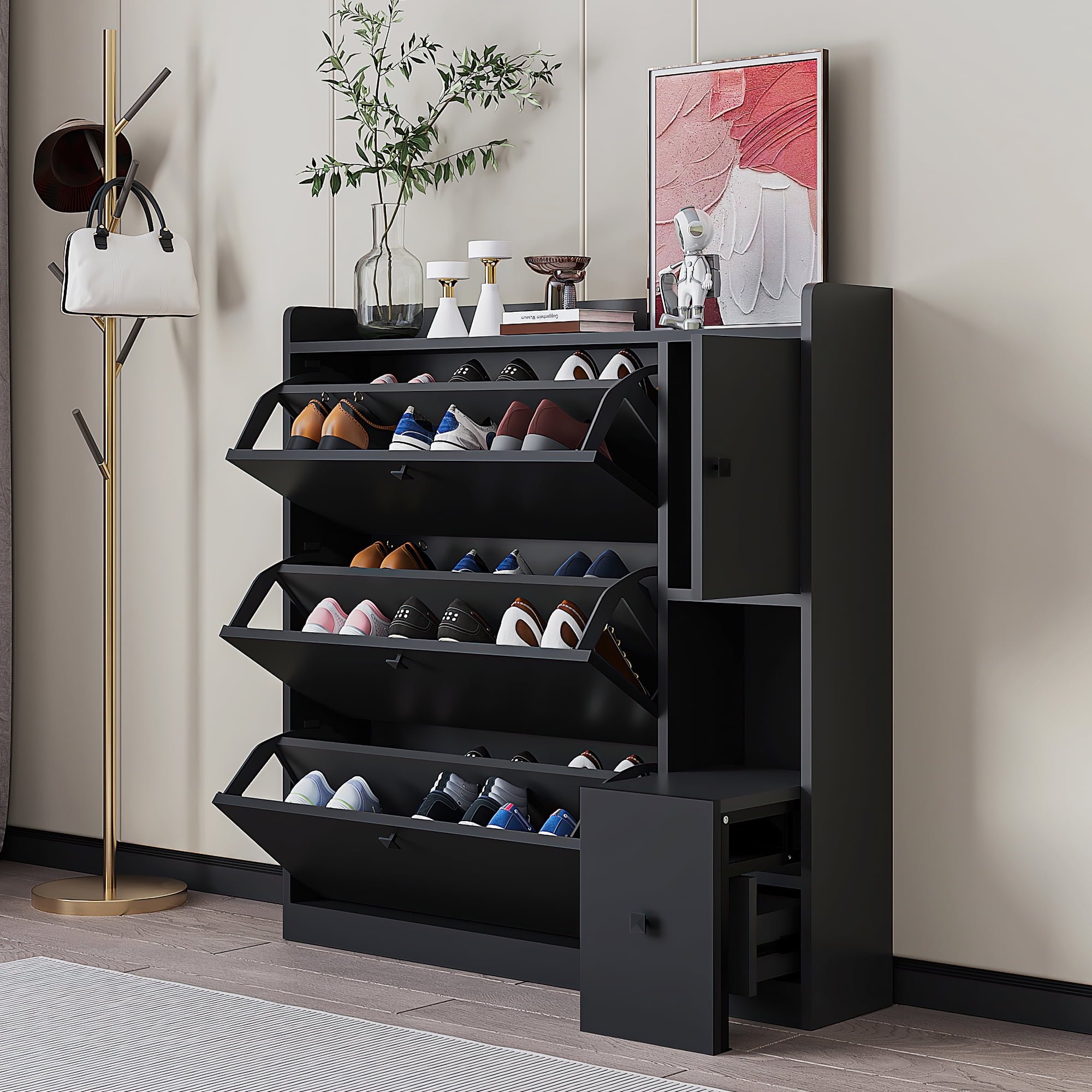 Euroco Shoe Cabinet with 3 Flip Drawers, Maximum Storage Entryway
