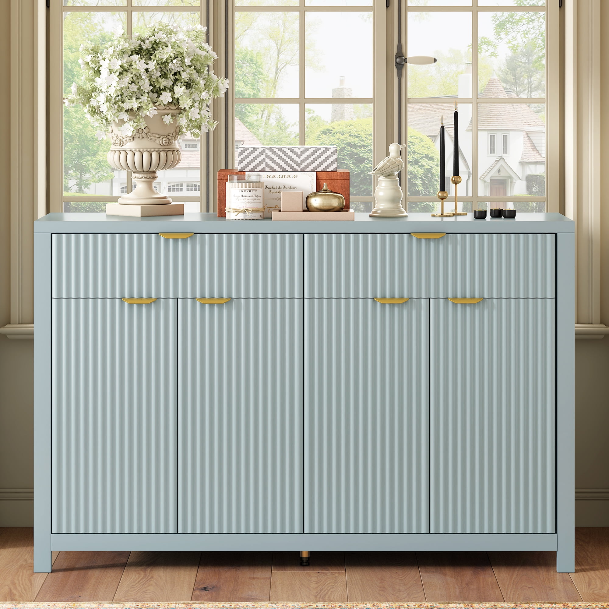 Euroco Sideboard Buffet Cabinet with 2 Drawers,55" Large Storage Cabinet with Adjustable Shelves and 4 Doors,Wood Coffee Bar Cabinet for Dining Room,Living Room,Hallway,Cyan