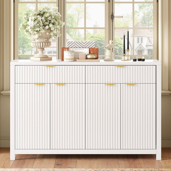 Euroco Sideboard Buffet Cabinet with 2 Drawers,55" Large Storage Cabinet with Adjustable Shelves and 4 Doors,Wood Coffee Bar Cabinet for Dining Room,Living Room,Hallway,White