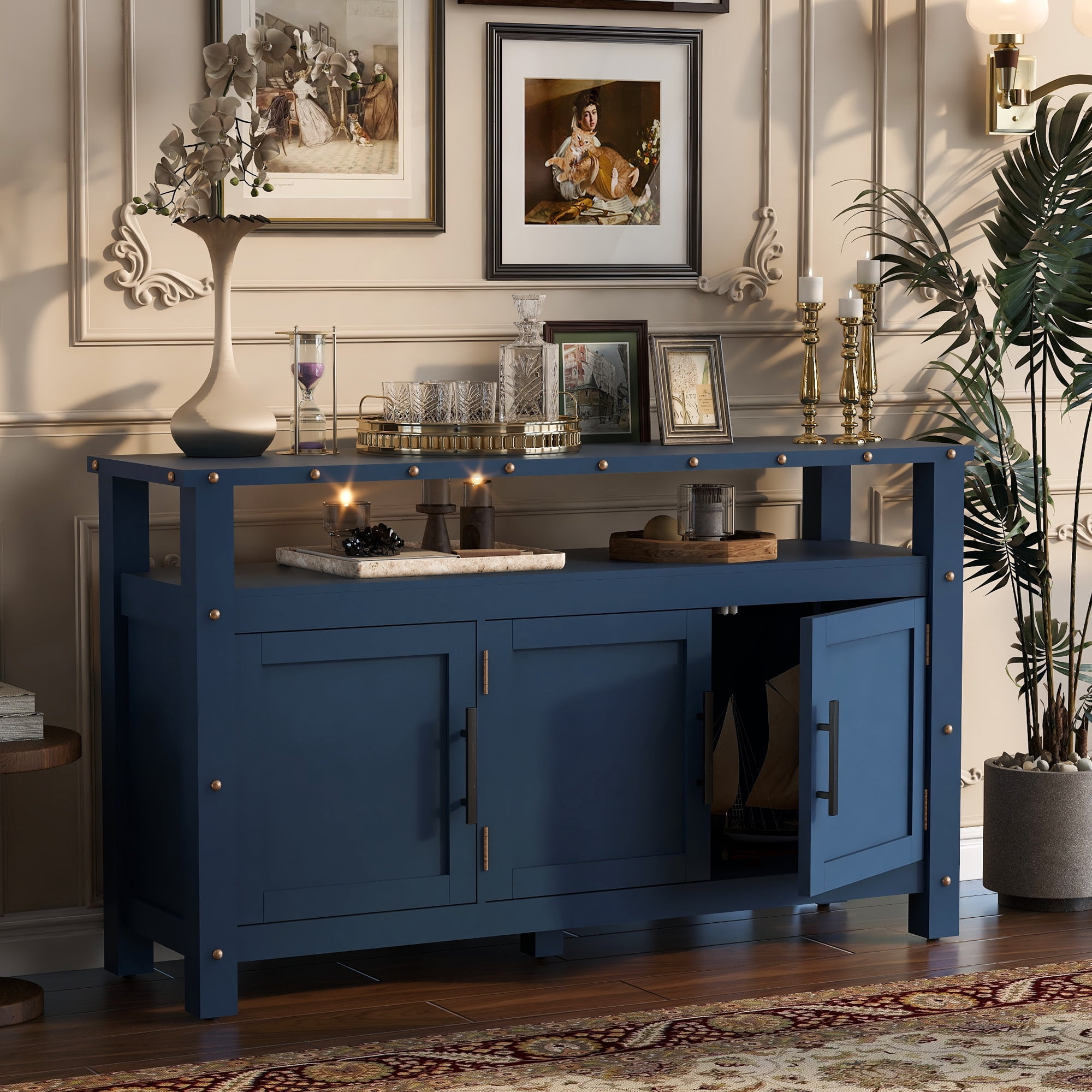 Euroco Sideboard Buffet Cabinet with 3 Doors, 55" Storage Cabinet with Metal Handles and Metal Rivets Design,Coffee Bar for Kitchen Living Room,Entryway,Navy Blue