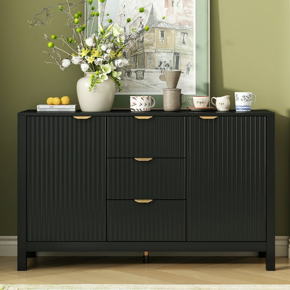 Euroco Sideboard Buffet Cabinet,47" Storage Cabinet with Adjustable Shelves,Metal Handles,3 Drawers and 2 Doors,Wood Console Table for Study,Hallway and Living Room,Black