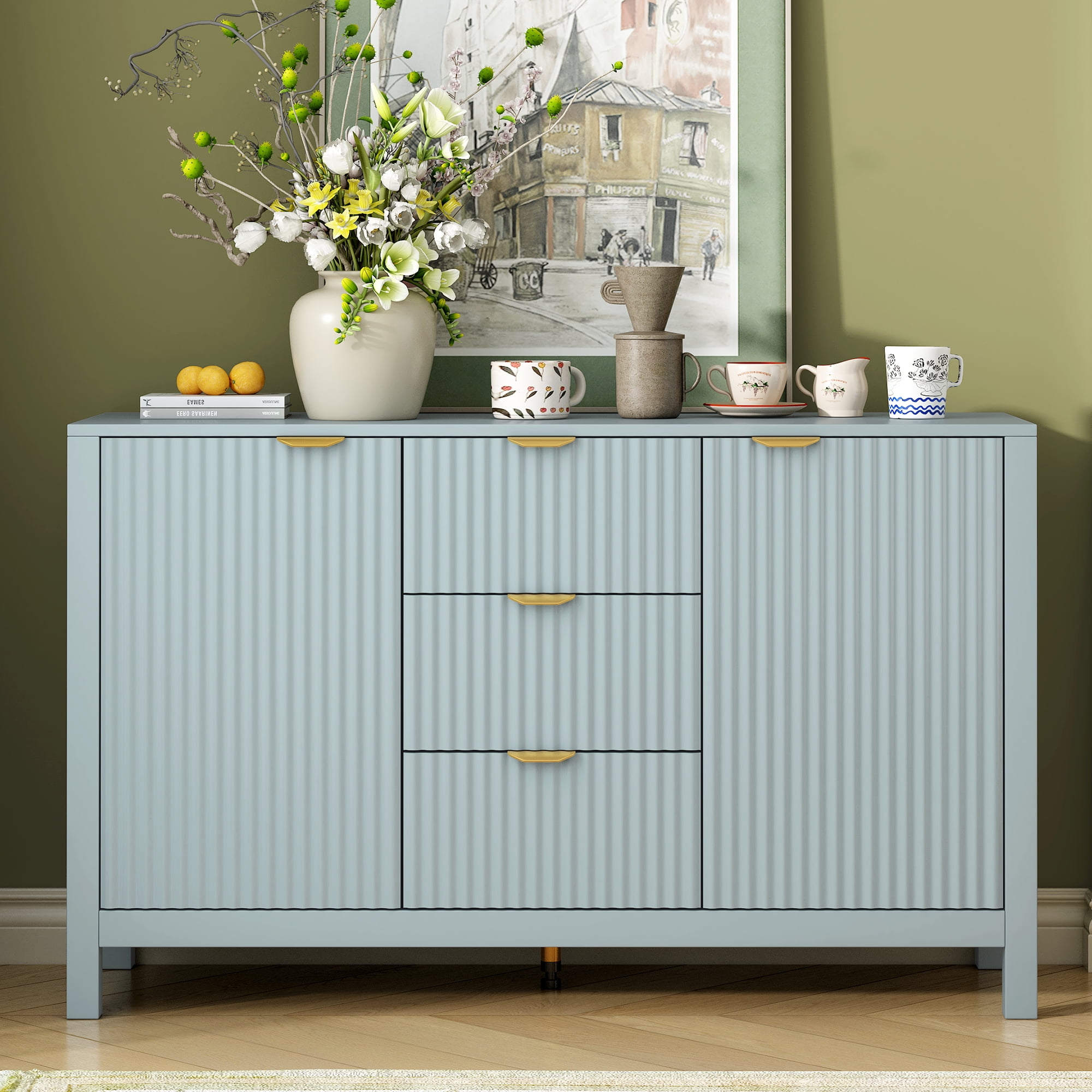 Euroco Sideboard Buffet Cabinet,47" Storage Cabinet with Adjustable Shelves,Metal Handles,3 Drawers and 2 Doors,Wood Console Table for Study,Hallway and Living Room,Cyan