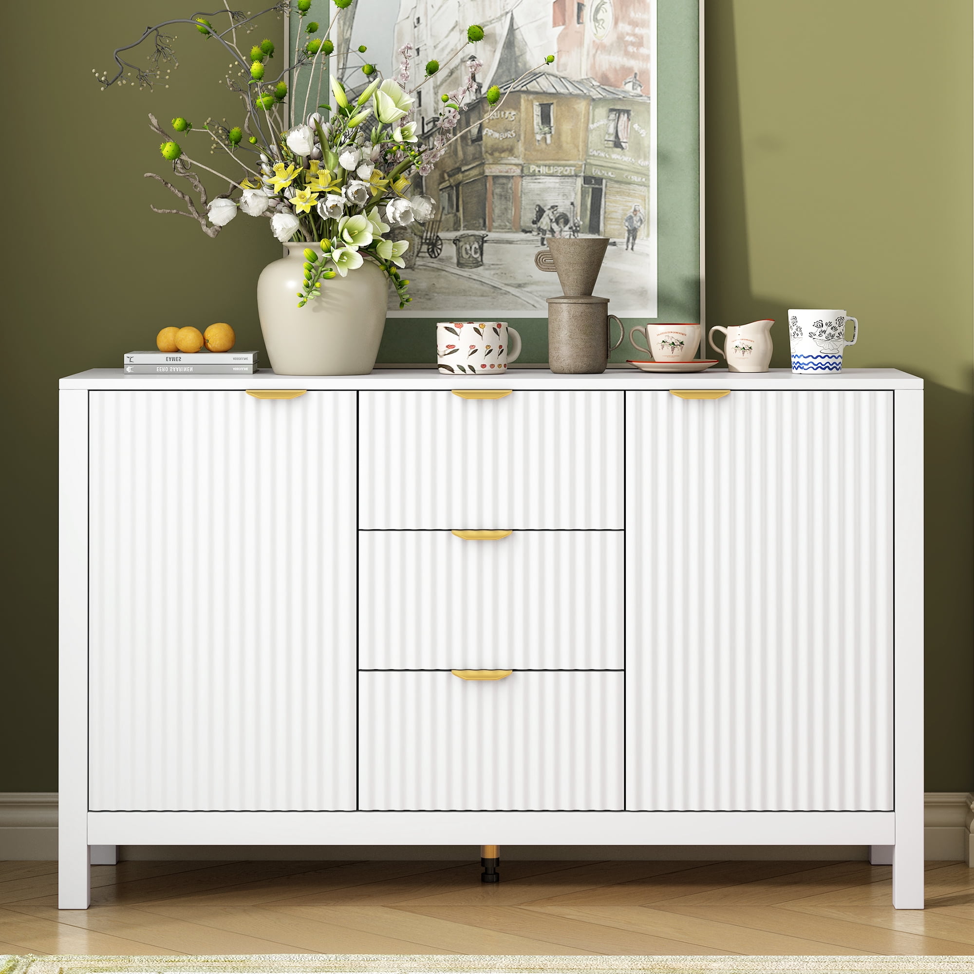 Euroco Sideboard Buffet Cabinet,47" Storage Cabinet with Adjustable Shelves,Metal Handles,3 Drawers and 2 Doors,Wood Console Table for Study,Hallway and Living Room,White