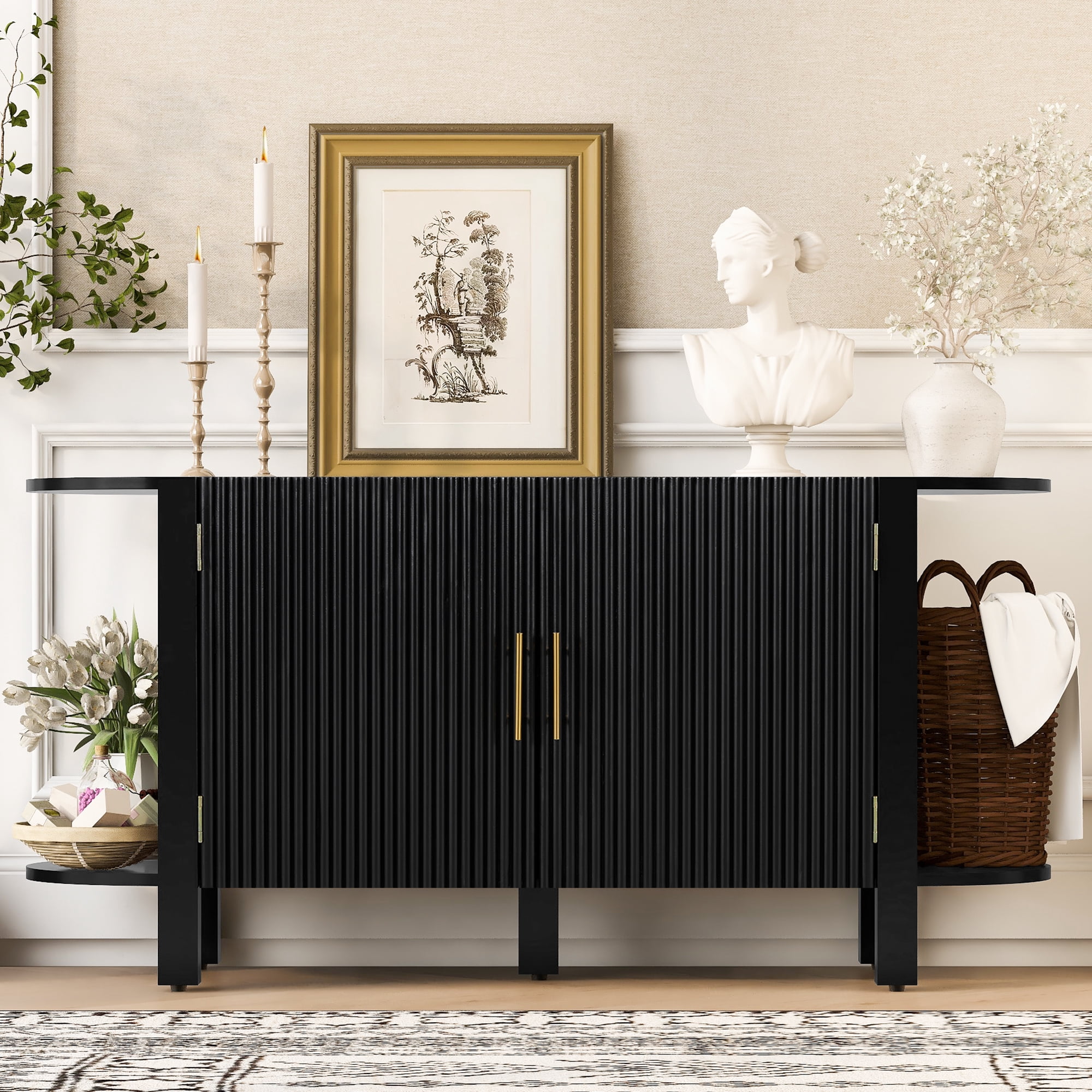 Euroco Sideboard Buffet Cabinet with Storage, 59.8" Mid Century Sideboard Cabinet with Double-layer Curved Extension Shelf & Metal Handle,Credenza Coffee Bar for Kitchen Living Room,Black