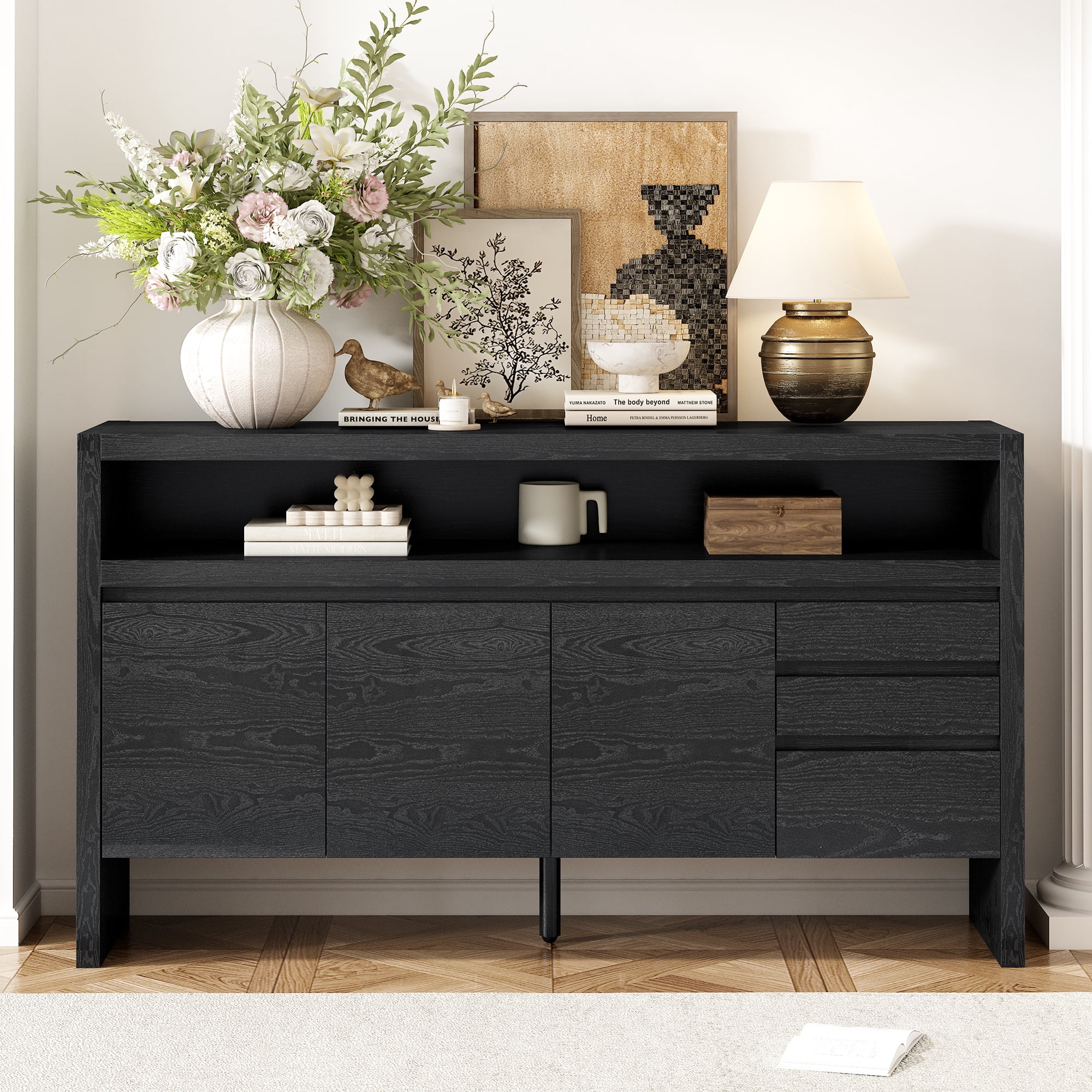 Euroco Sideboard Buffet Cabinet with Storage, 60" Modern Coffee Bar Station with 3 Doors,3 Drawers and Open Shelf for Kitchen,Living Room,Black