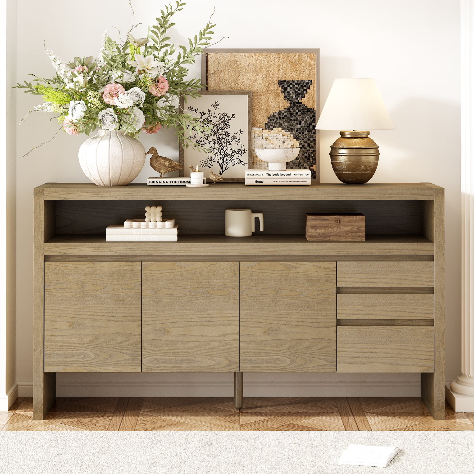 Euroco Sideboard Buffet Cabinet with Storage, 60" Modern Coffee Bar Station with 3 Doors,3 Drawers and Open Shelf for Kitchen,Living Room,Natural