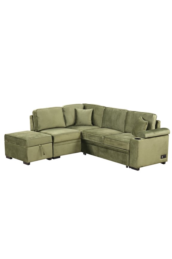 Sleeper Sofa Bed 5 Seat, L Shape Sofa with Pull Out Bed Velvet Couch with USB Ports and Storage Ottoman for Living Room Bedroom, Green
