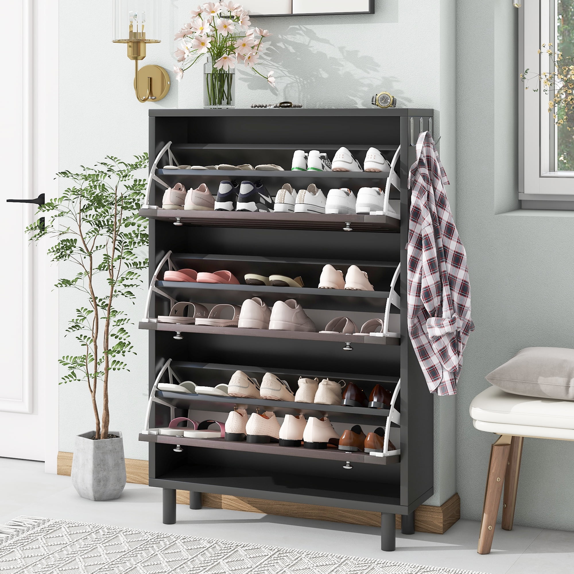 Euroco Slim Shoe Cabinet Entryway Organizer with 3 Flip Drawers, Free ...