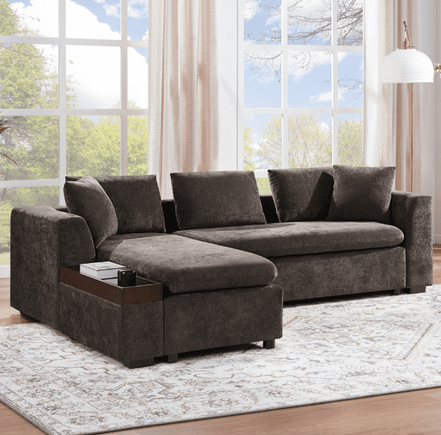 Euroco Sofa 93.7" L-shaped Sofa Upholstered Sofa Couch with wooden Storage Compartment for Living Room, Brown