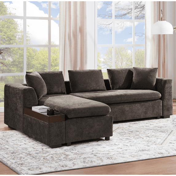 Euroco Sofa 93.7" L-shaped Sofa Upholstered Sofa Couch with wooden Storage Compartment for Living Room, Brown
