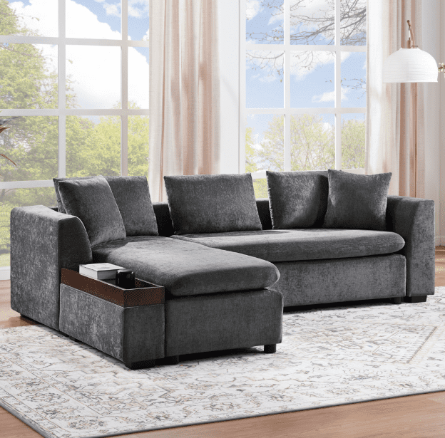 Euroco Sofa 93.7" L-shaped Sofa Upholstered Sofa Couch with wooden Storage Compartment for Living Room, Gray