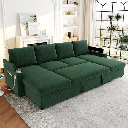 Euroco Sofa Bed 109.5" U-Shaped Sectional Sofa Modern Upholstered Sofa with Storage Chaise Lounges, Cup Holders, USB Ports, and Storage Boxes & Pockets for Living Room, Green