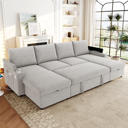 Euroco Sofa Bed 109.5" U-Shaped Sectional Sofa Modern Upholstered Sofa with Storage Chaise Lounges, Cup Holders, USB Ports, and Storage Boxes & Pockets for Living Room, Grey