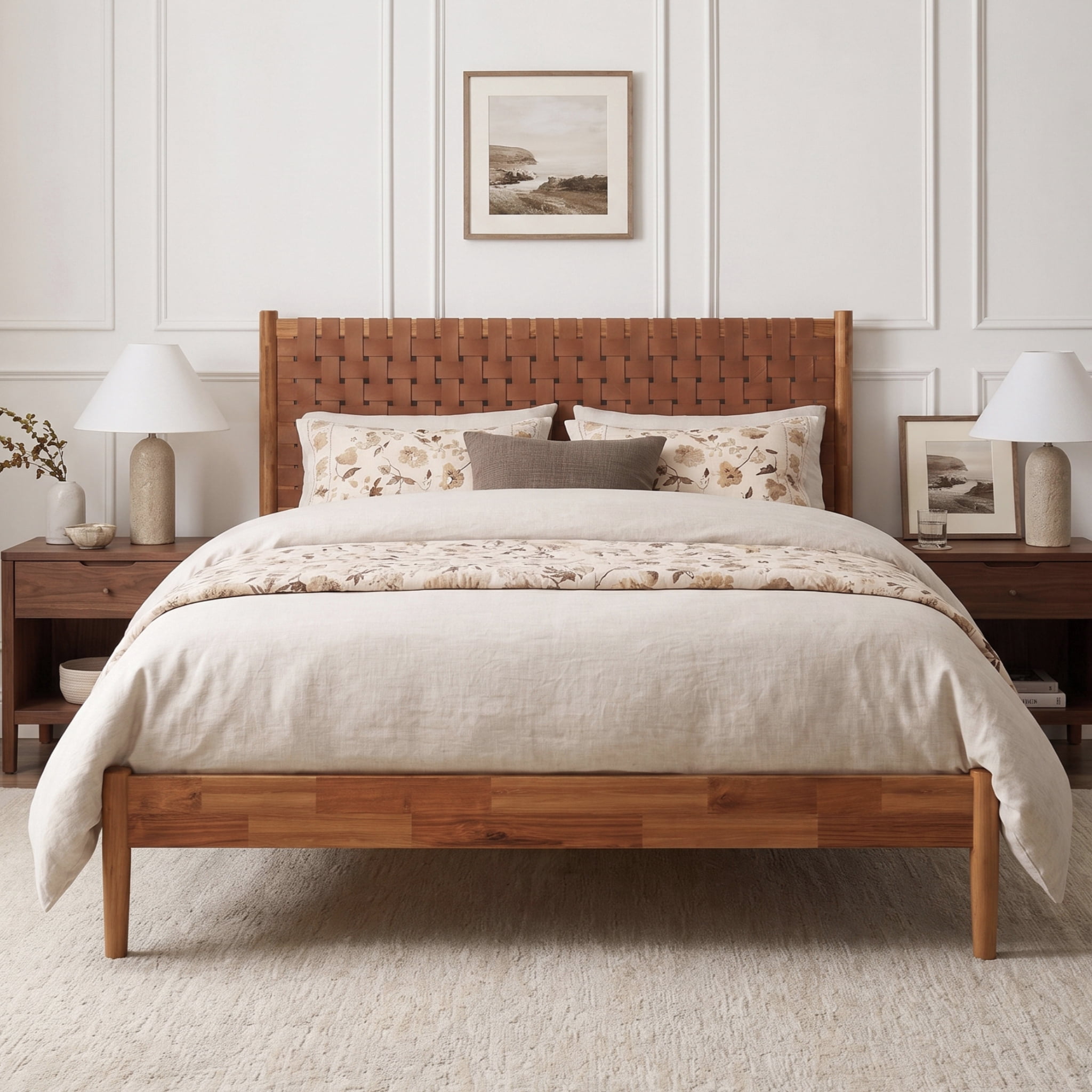 Euroco Solid Acacia Wood King Size Platform Bed, Mid-Century Modern Style Bed with Hand-Woven Vegan Leather Headboard, No Box Spring Needed, Caremel