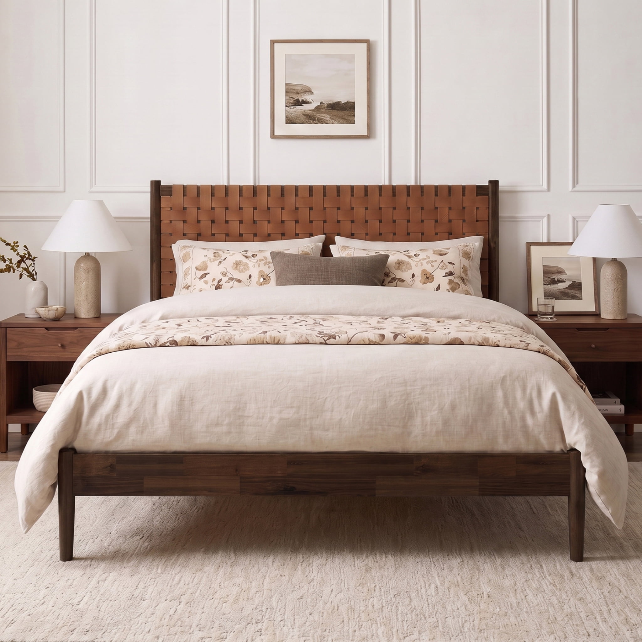 Euroco Solid Acacia Wood Queen Size Platform Bed, Mid-Century Modern Style Bed with Hand-Woven Vegan Leather Headboard, No Box Spring Needed, Dark Brown