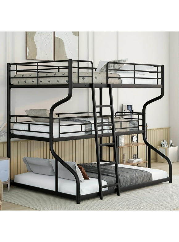 Euroco Solid Metal Bed, Full XL over Twin XL over Queen Size Triple Bunk Bed for Kids’ Room, Three Beds for Both Kids and Adults, Black