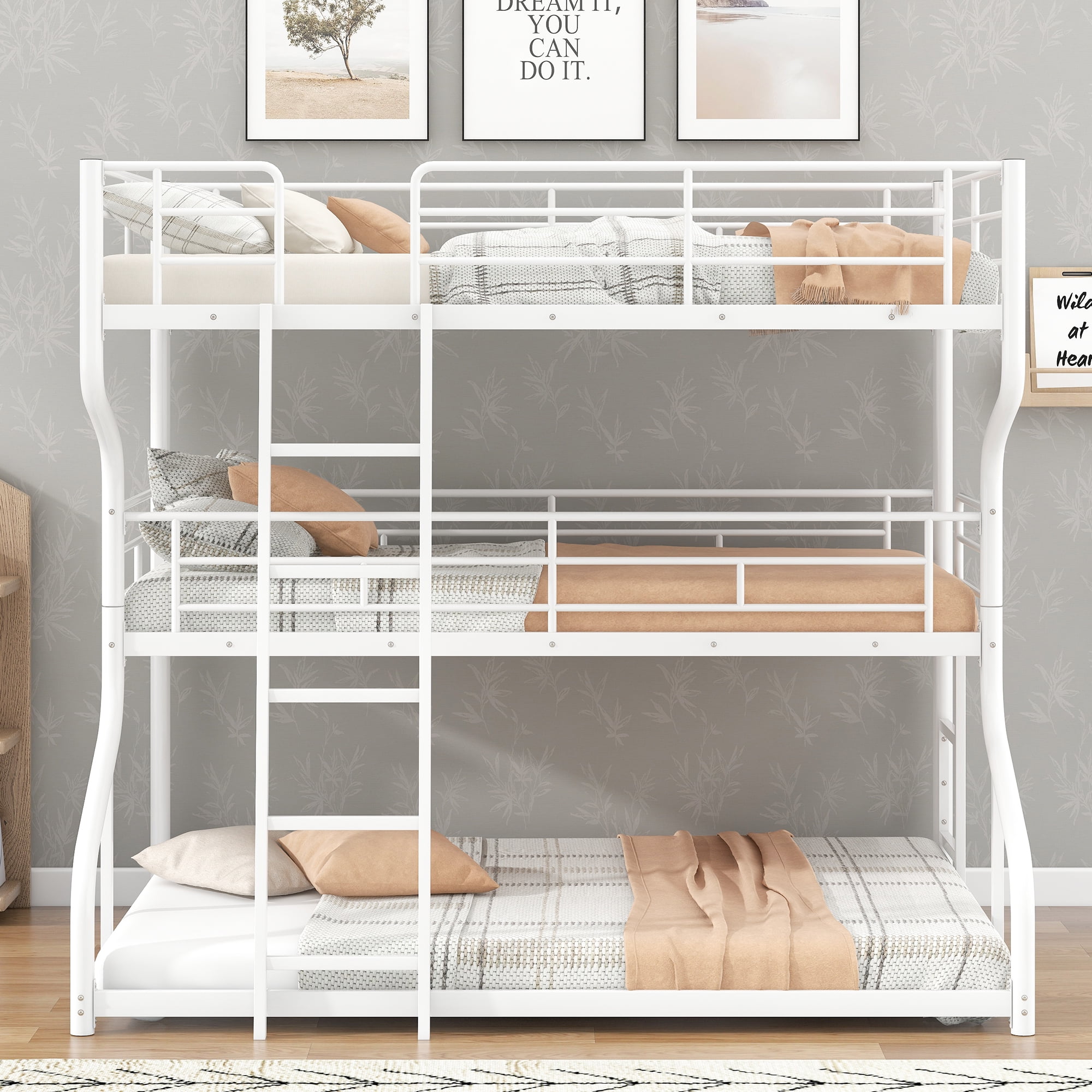 Euroco Solid Metal Bed, Full XL over Twin XL over Queen Size Triple Bunk Bed for Kids Teens Room, Three Beds for Both Kids and Adults, White