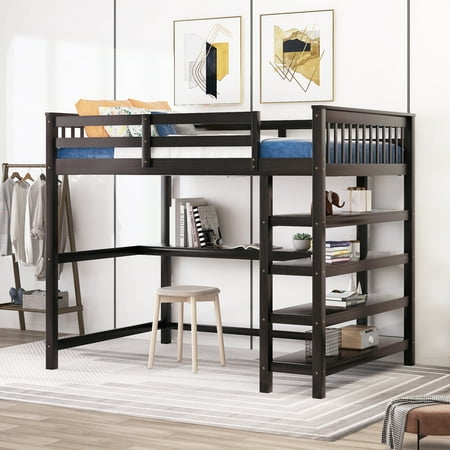 Euroco Solid Wood Full Size Loft Bed with Desk and 4-Tier Storage Shelves for Kids Teens Adult Bedrrom, Espresso