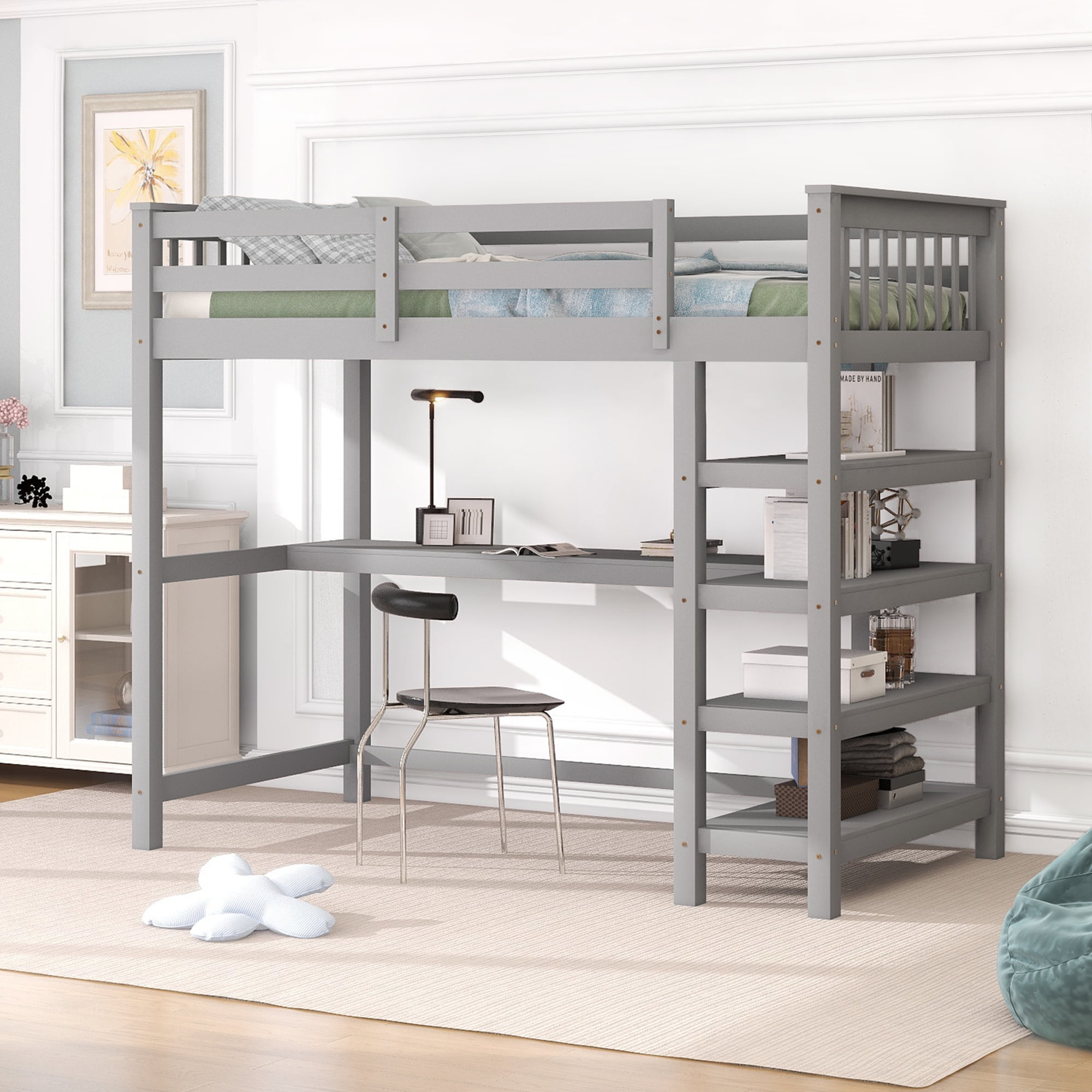 Euroco Solid Wood Full Loft Bed with Desk and 4-Tier Storage Shelves ...