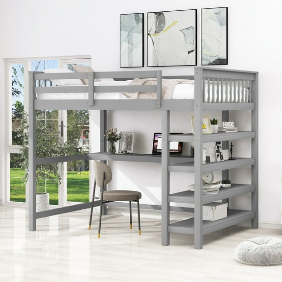 Euroco Solid Wood Full Loft Bed with Desk and 4-Tier Storage Shelves for Kids Bedrrom, Gray