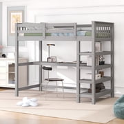 Euroco Solid Wood Full Loft Bed with Desk and 4-Tier Storage Shelves for Bedrrom, Gray