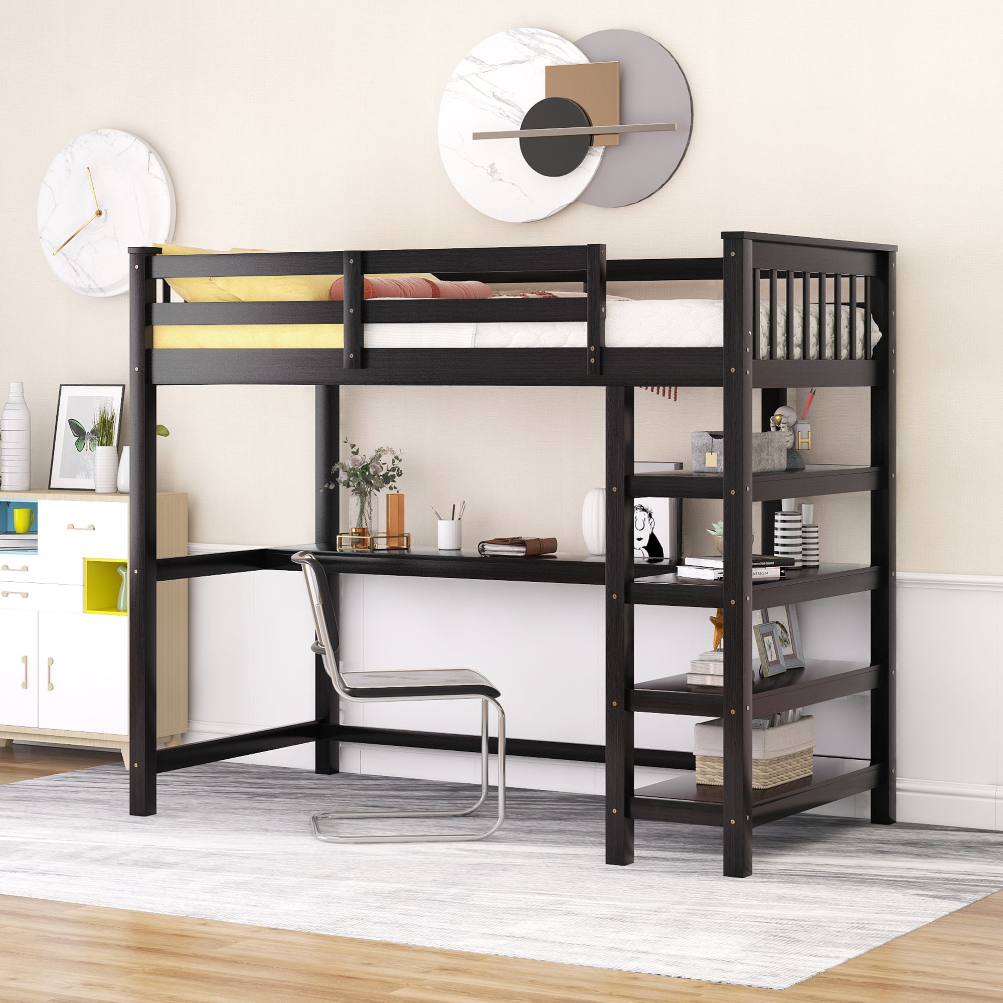 Euroco Solid Wood Twin Loft Bed with Desk and 4Tier Storage Shelves