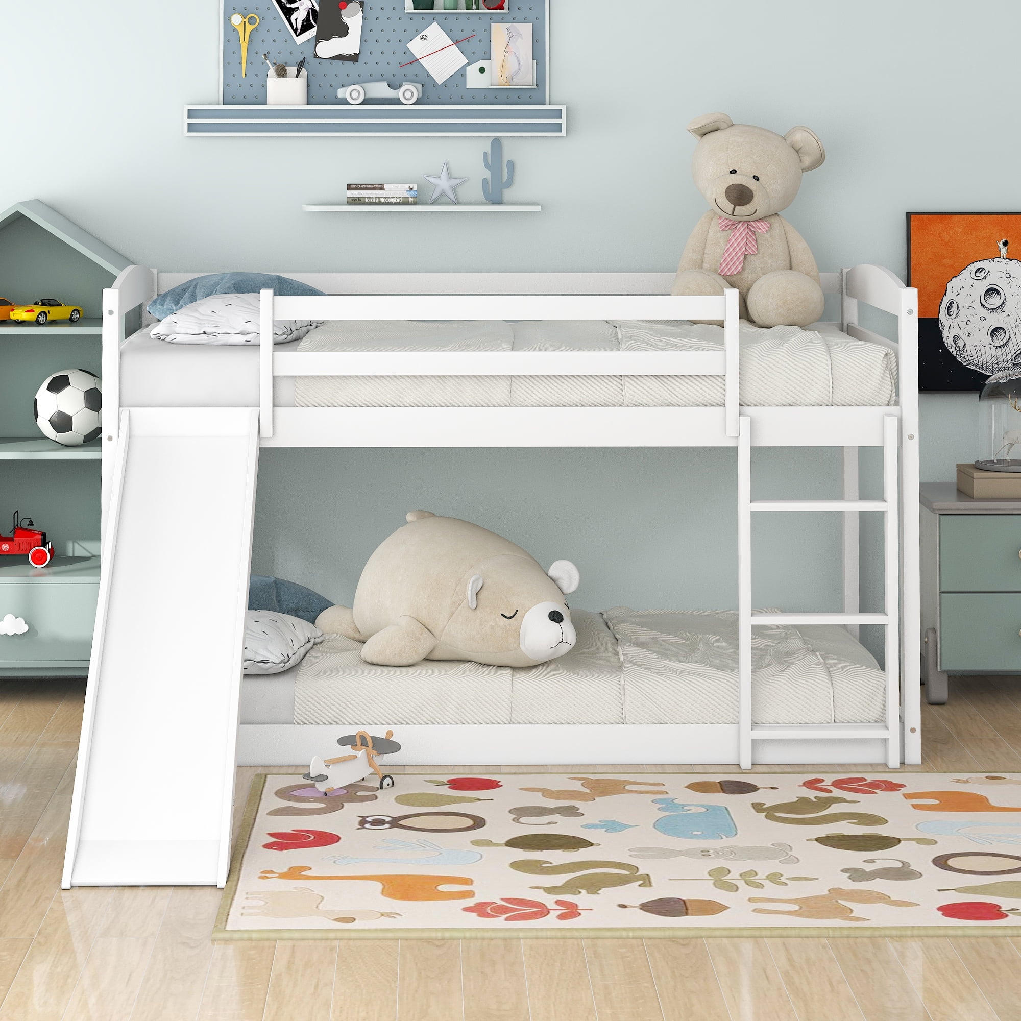 Euroco Solid Wood Twin over Twin Kids Bunk Bed with Ladder and Slide, White