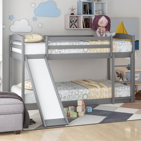 Euroco Solid Wood Kids Twin over Twin Bunk Bed with Slide and Ladder, Gray