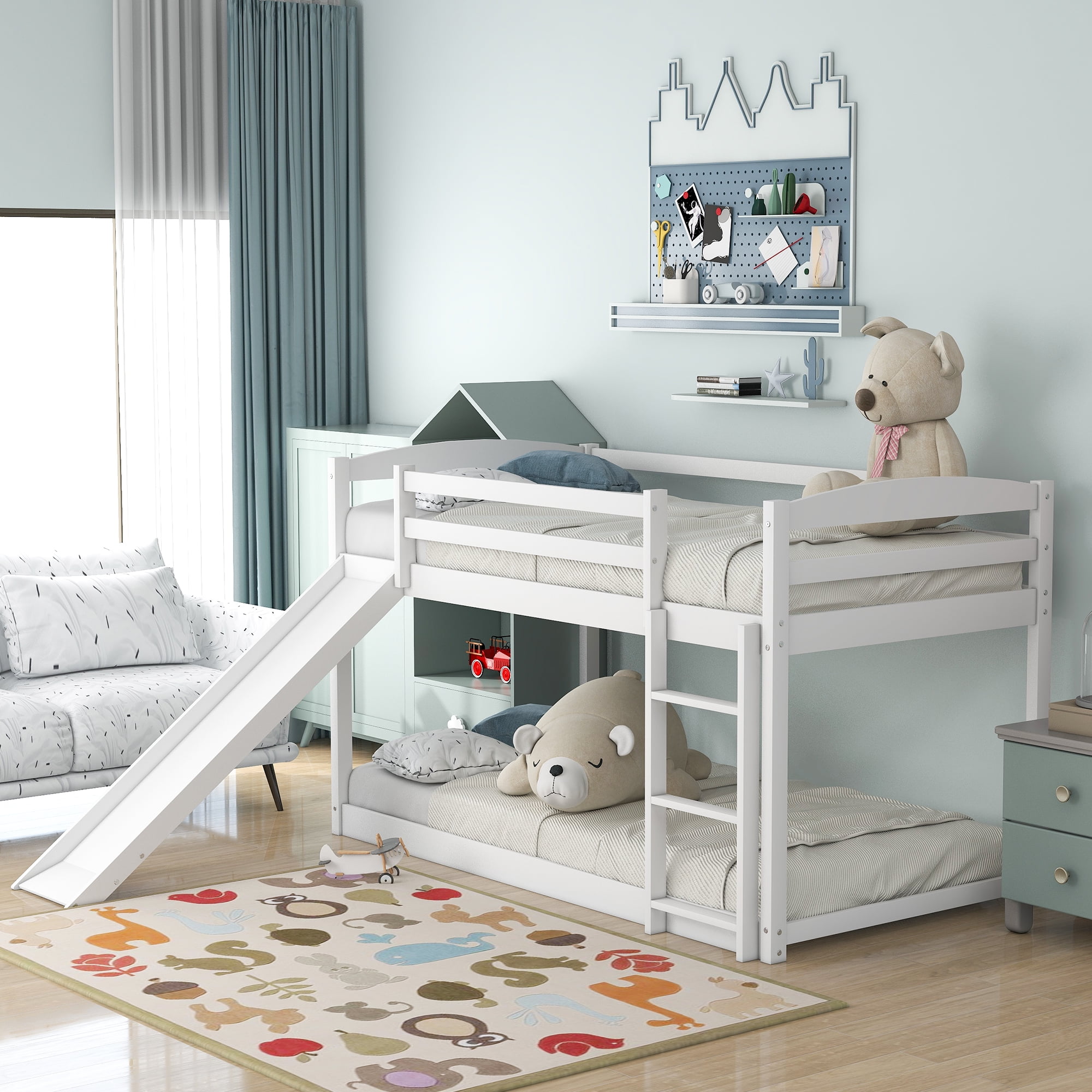 White Twin-over-Twin Bunk Bed with Slide and Storage Drawers