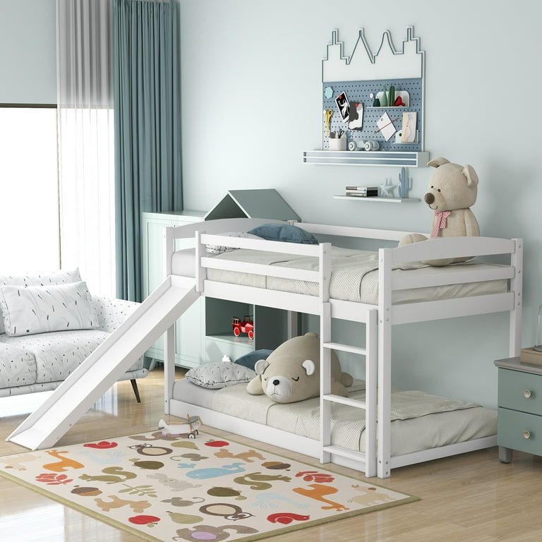 Euroco twin over twin low bunk bed with slide and ladder white discount