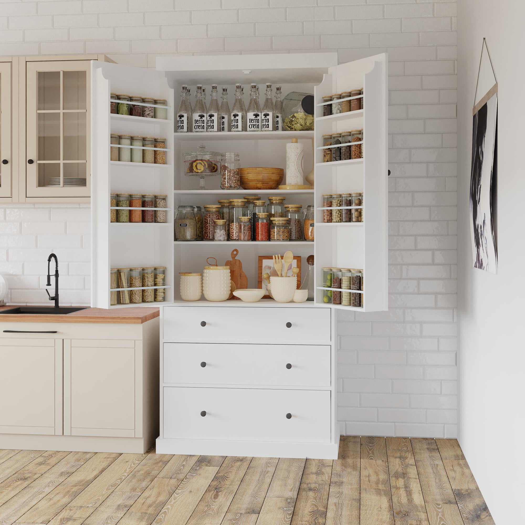 Euroco Spacious Kitchen Pantry with Adjustable Shelves, 8 Door Shelves, 3 Large Slide-Out Drawers, and Anti-Tipping Devices – Durable MDF Construction, Easy Assembly