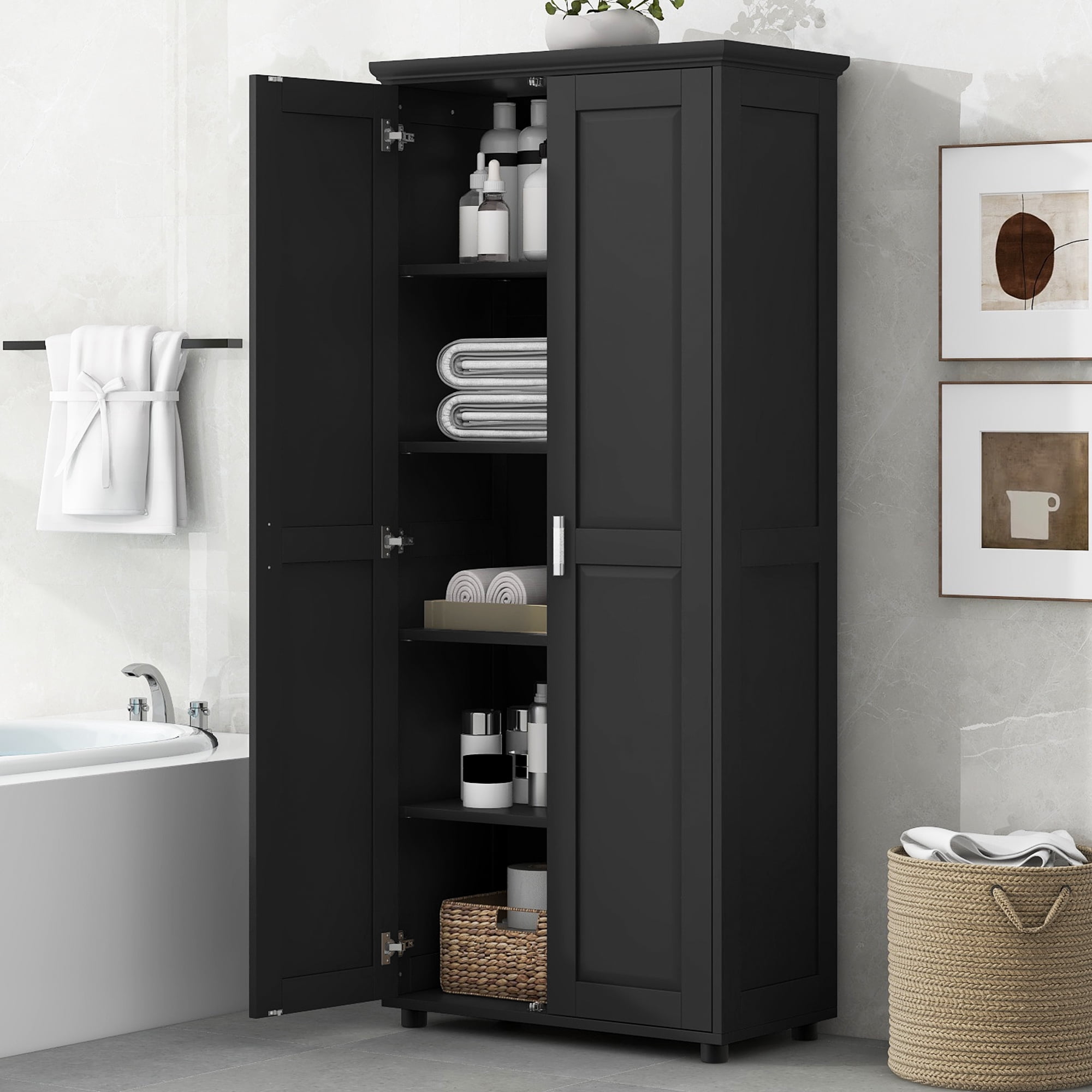 Euroco Storage Cabinet with Two Doors for Bathroom, Office, Adjustable Shelf, MDF Board, Black