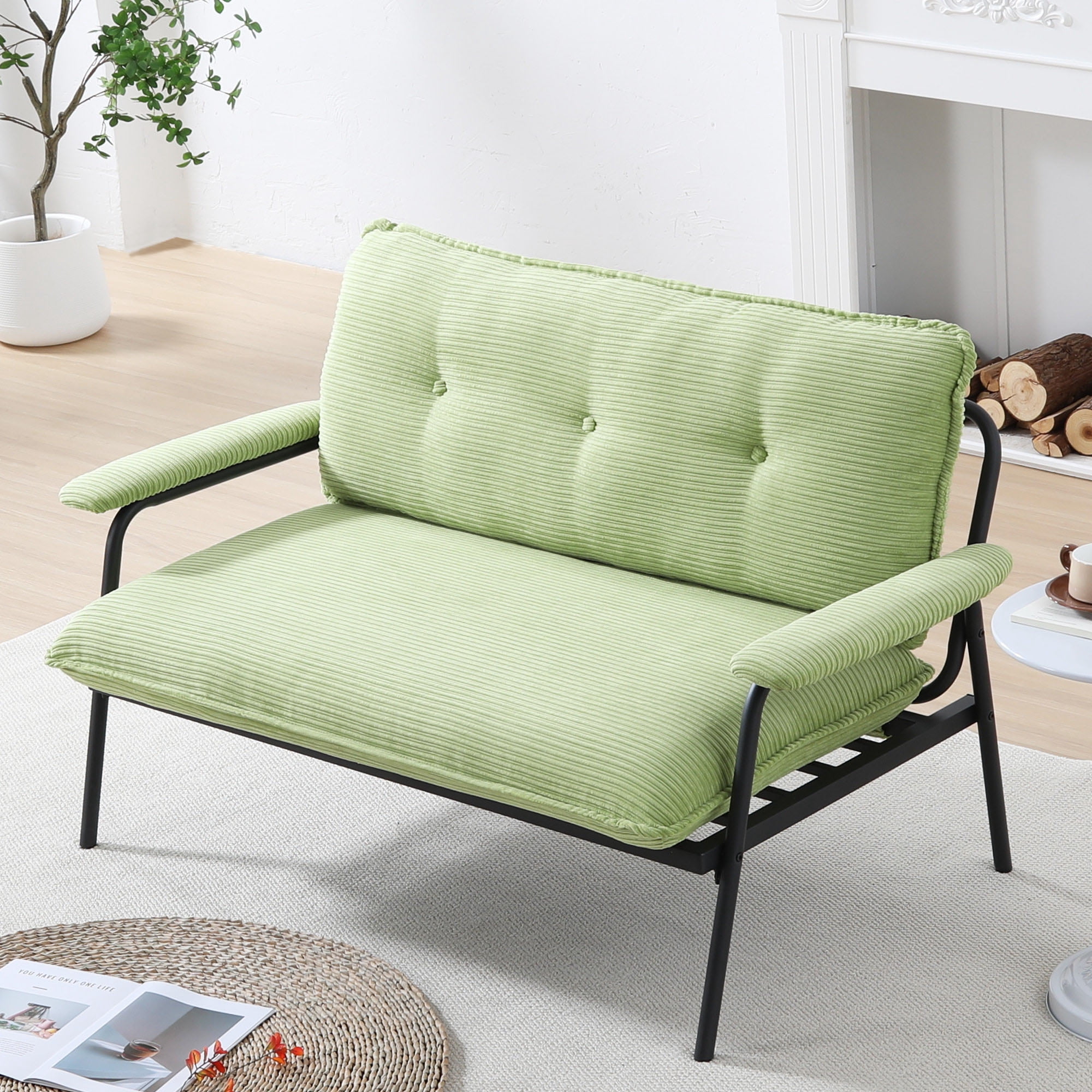 Euroco Striped Upholstered Loveseat with Button-Tufted Backrest and Metal Frame – Compact Modern Sofa for Living Room or Apartment