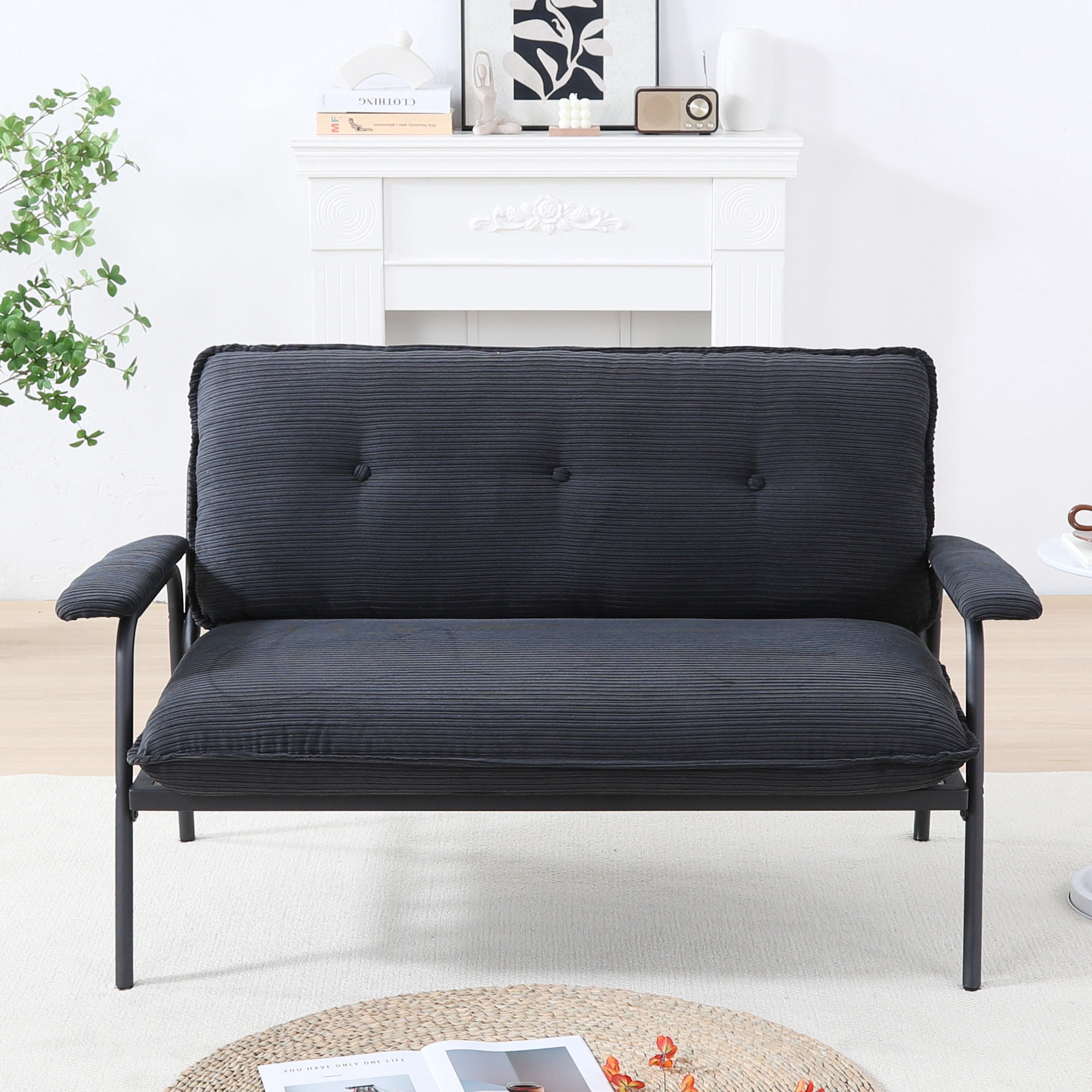 Euroco Striped Upholstered Loveseat with Button-Tufted Backrest and Metal Frame – Compact Modern Sofa for Living Room or Apartment