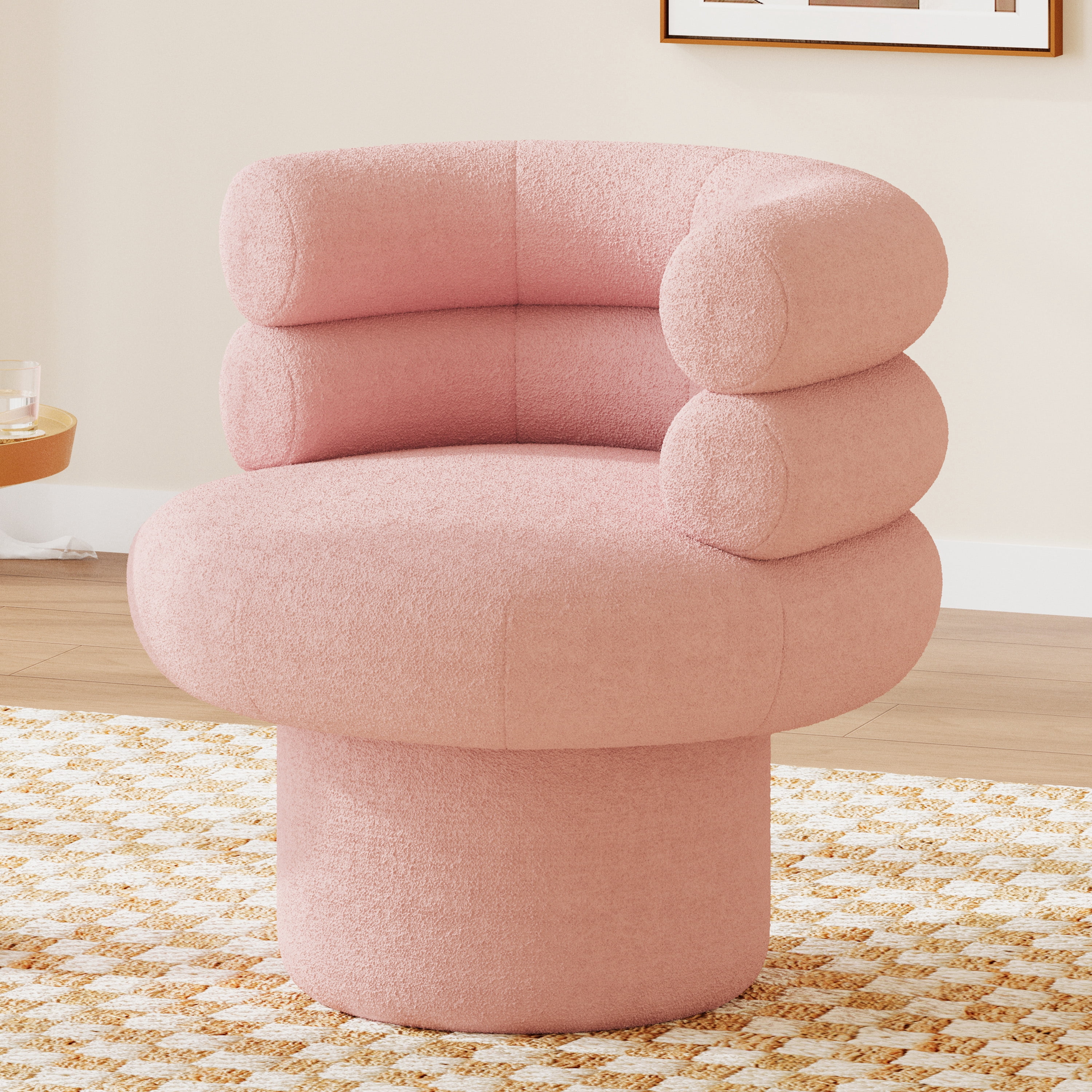 Euroco Swivel Accent Chair, 360° Swivel Barrel Chair with Round Back and Soft Cushion,Teddy Fleece Reading Chair Vanity Chair for Small Space,Living Room,Bedroom,Pink