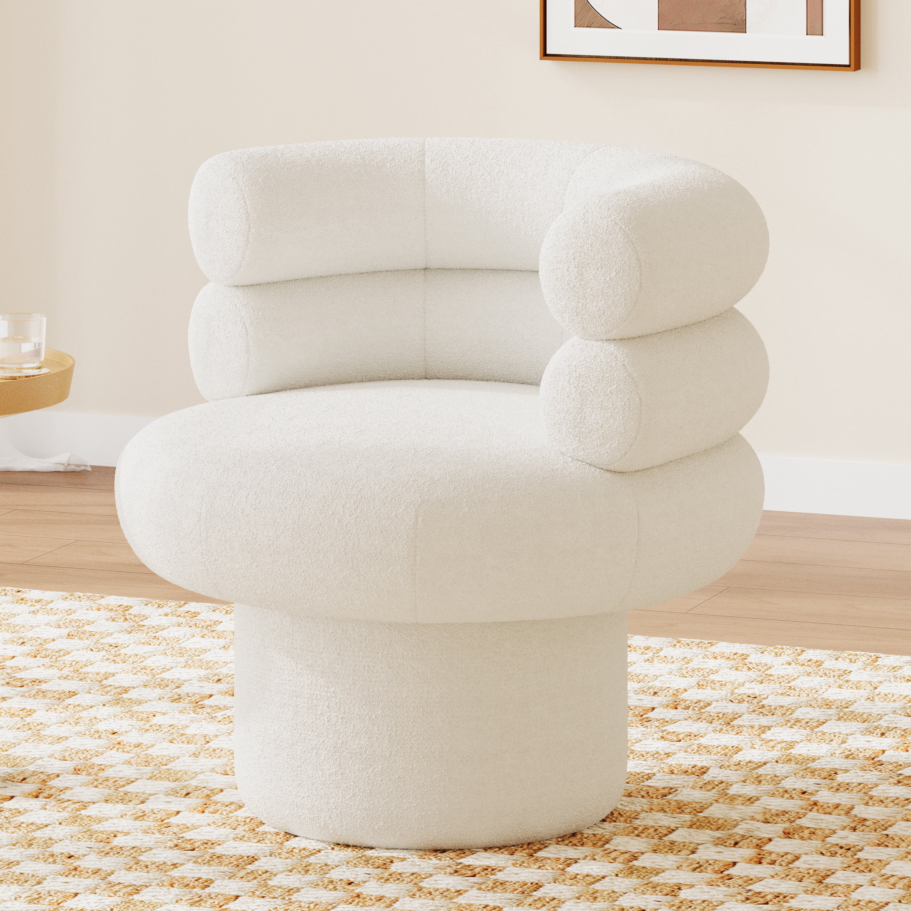 Euroco Swivel Accent Chair, 360° Swivel Barrel Chair with Round Back and Soft Cushion,Teddy Fleece Reading Chair Vanity Chair for Small Space,Living Room,Bedroom,White