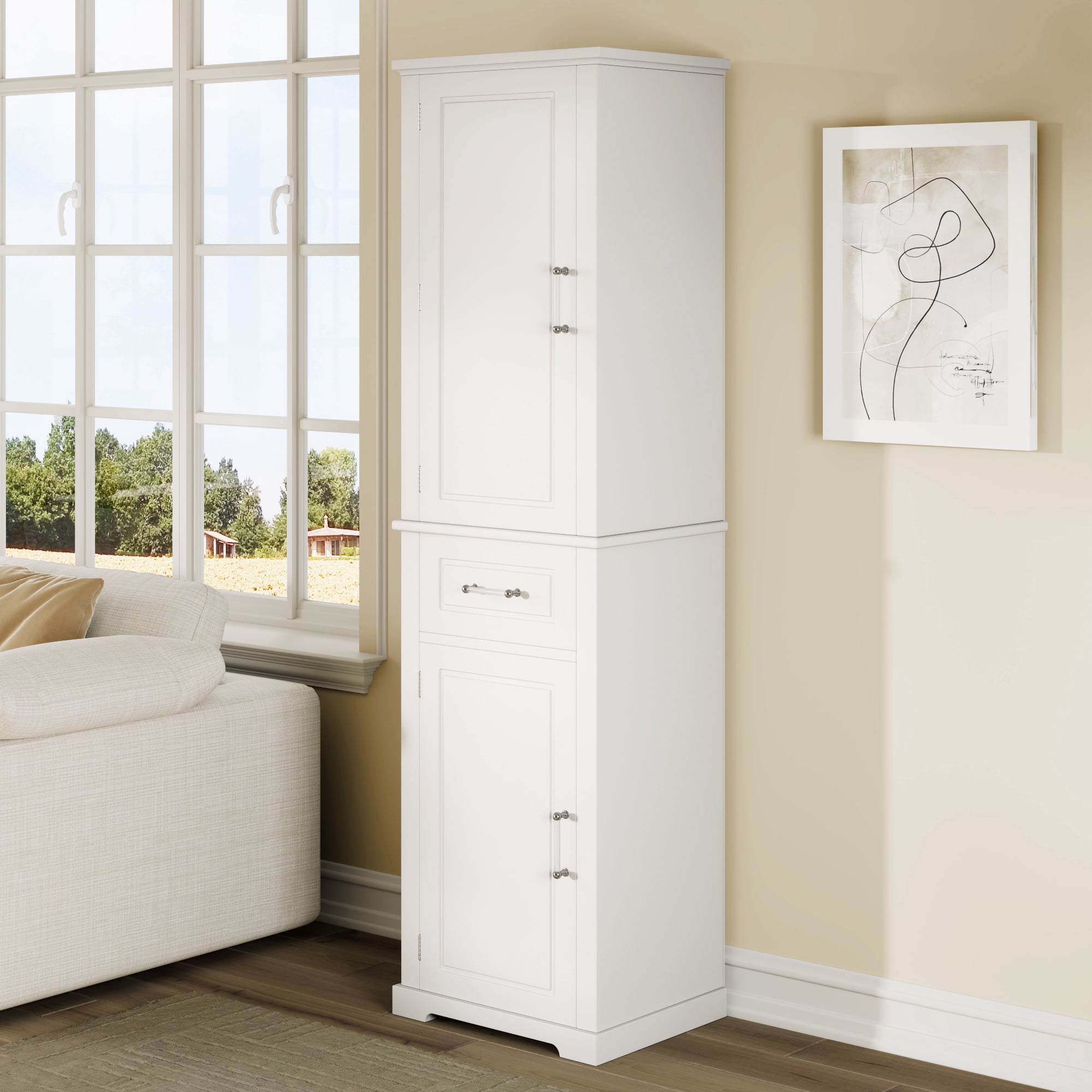 Euroco Tall Bathroom Storage Cabinet, Freestanding Storage Cabinet with Two Different Size Doors and Adjustable Shelf, Door Shelve Design, MDF Board with Painted Finish, White