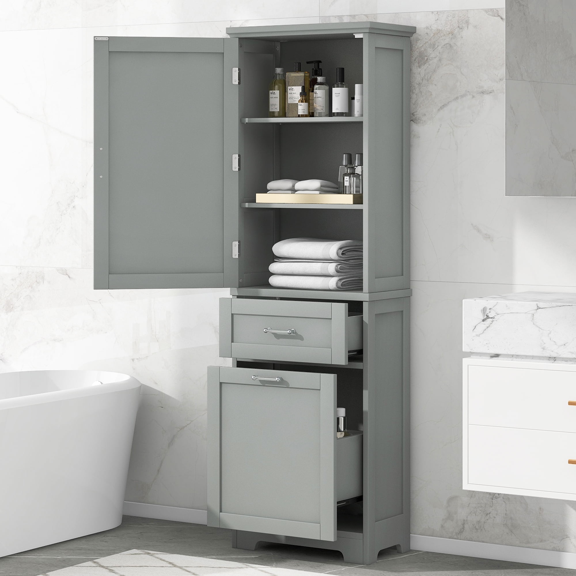 Euroco Tall Bathroom Storage Cabinet, Freestanding Storage Cabinet with Two Different Size Drawers and Adjustable Shelf, MDF Board with Painted Finish, Grey