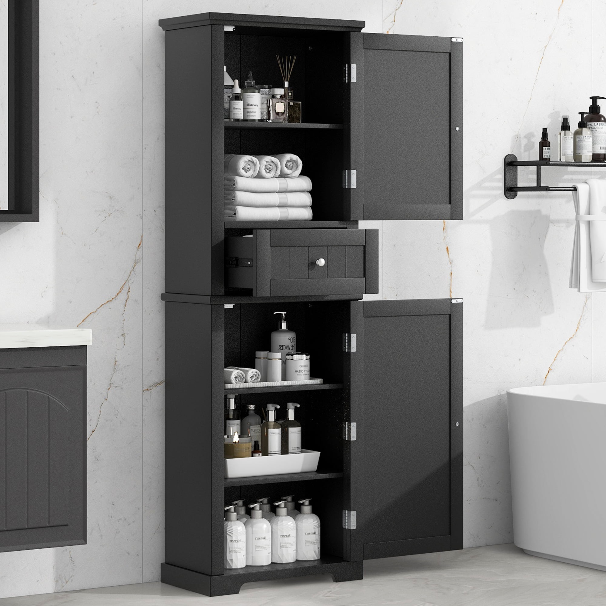 Euroco Tall Bathroom Storage Cabinet, Freestanding Storage Cabinet with Drawer and Adjustable Shelf, MDF Board with Painted Finish, Black