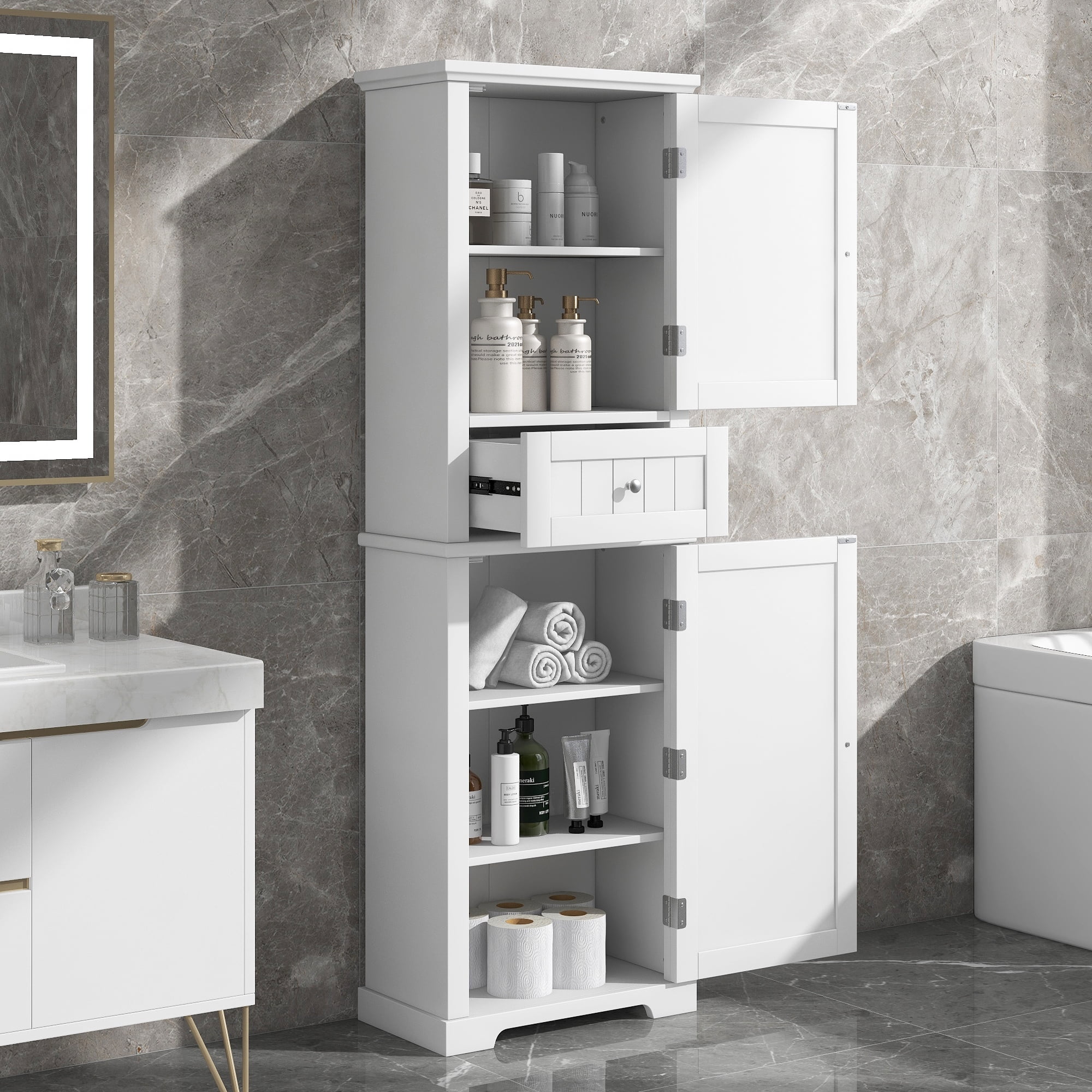 Euroco Tall Bathroom Storage Cabinet, Freestanding Storage Cabinet with Drawer and Adjustable Shelf, MDF Board with Painted Finish, White