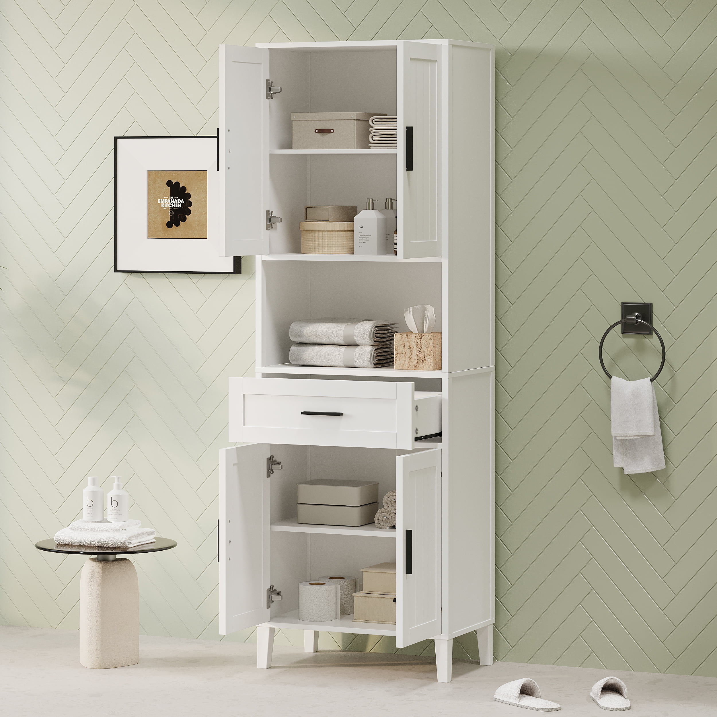 Euroco Tall Bathroom Storage Cabinet with Adjustable Shelves, Soft-Close Doors, and Drawer, Water-Resistant Finish