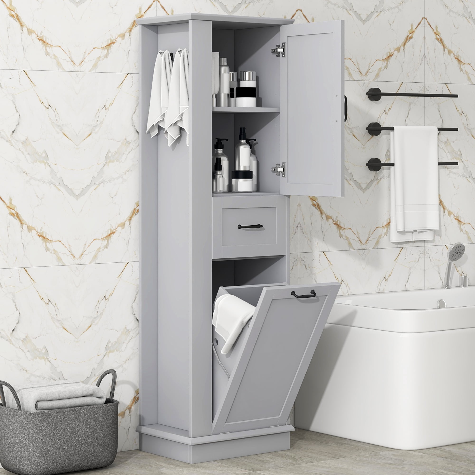 Euroco Tall Bathroom Storage Cabinet with Tilt-Out Hamper, Adjustable Shelves, Soft-Close Hinges, Side Hooks, Modern Slim Linen Tower Organizer