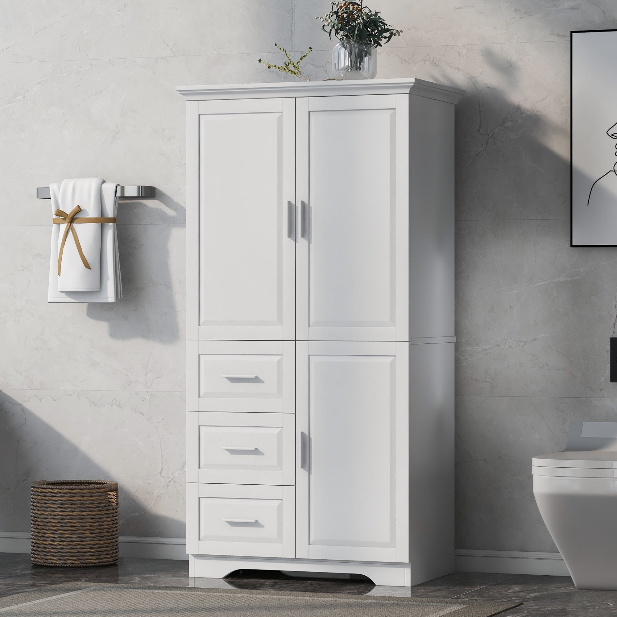 Euroco Tall Freestanding Storage Cabinet with 3 Drawers and Adjustable Shelf, Wide Linen Tower Cabinet with Doors, Waterproof Painted MDF, Anti-Tipping Kit