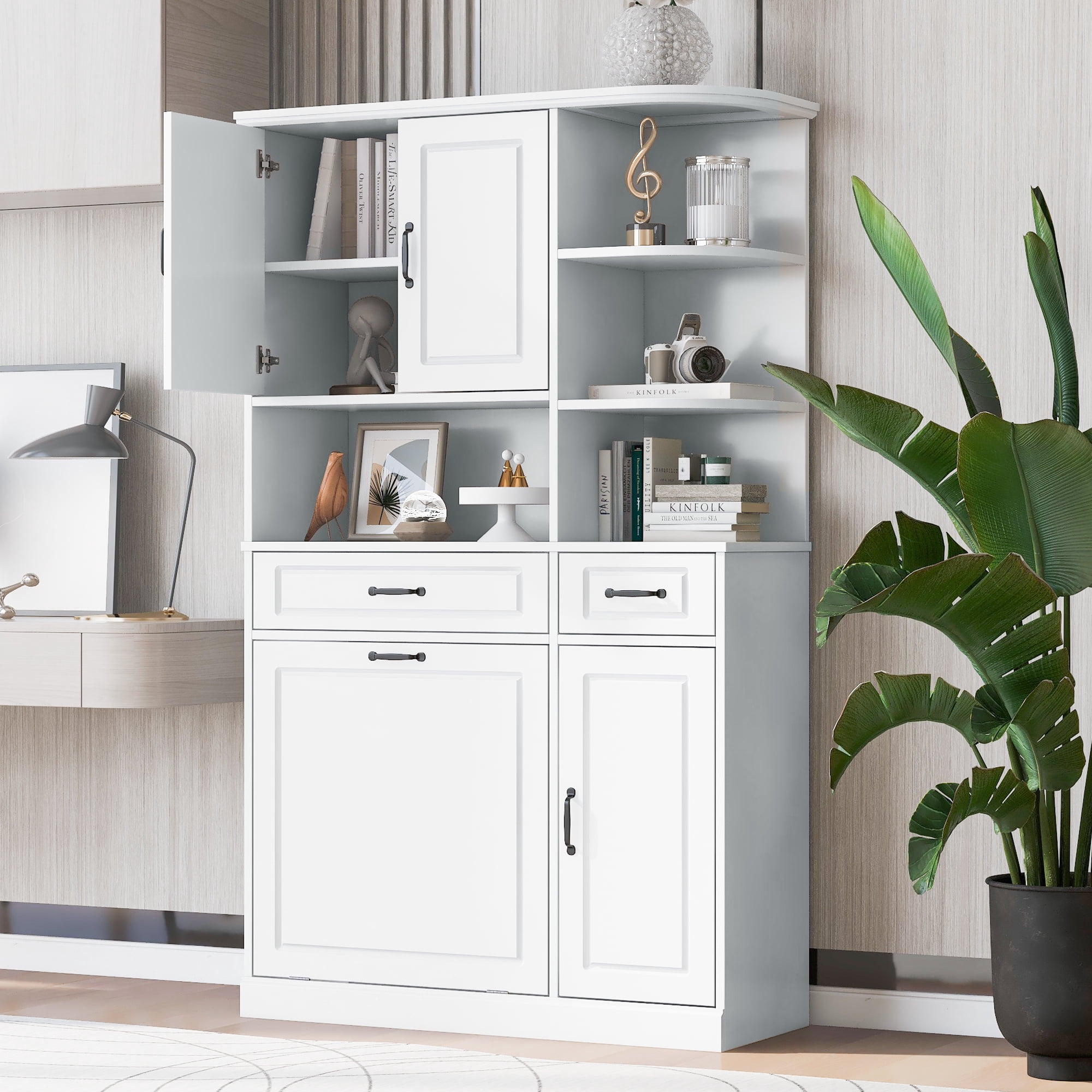 Euroco Tall Freestanding Storage Cabinet with Drawers and Doors, Adjustable Shelves, Flip Drawer Design, Modern Organizer Cabinet for Bathroom, Living Room, or Office, White MDF Cabinet