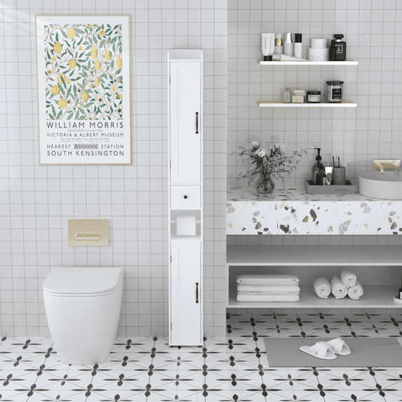 Euroco Tall Narrow Bathroom Storage Cabinet with Adjustable Shelves, Free-Standing Linen Cabinet with Reversible Doors, Waterproof MDF, White