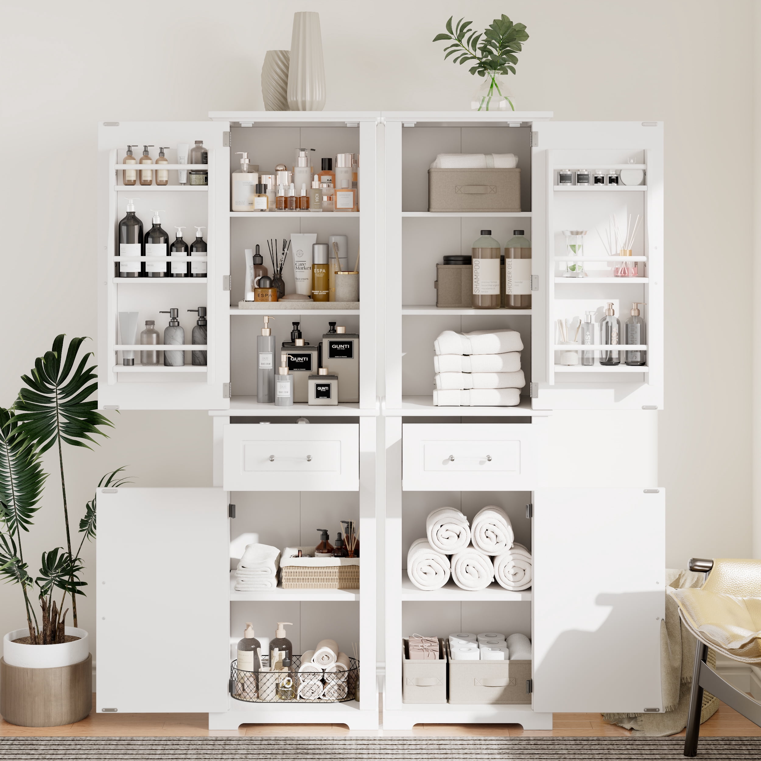 Euroco Tall Storage Cabinet with Adjustable Shelves, Drawers and Anti-Tip Kit, Acrylic Handles, Waterproof MDF