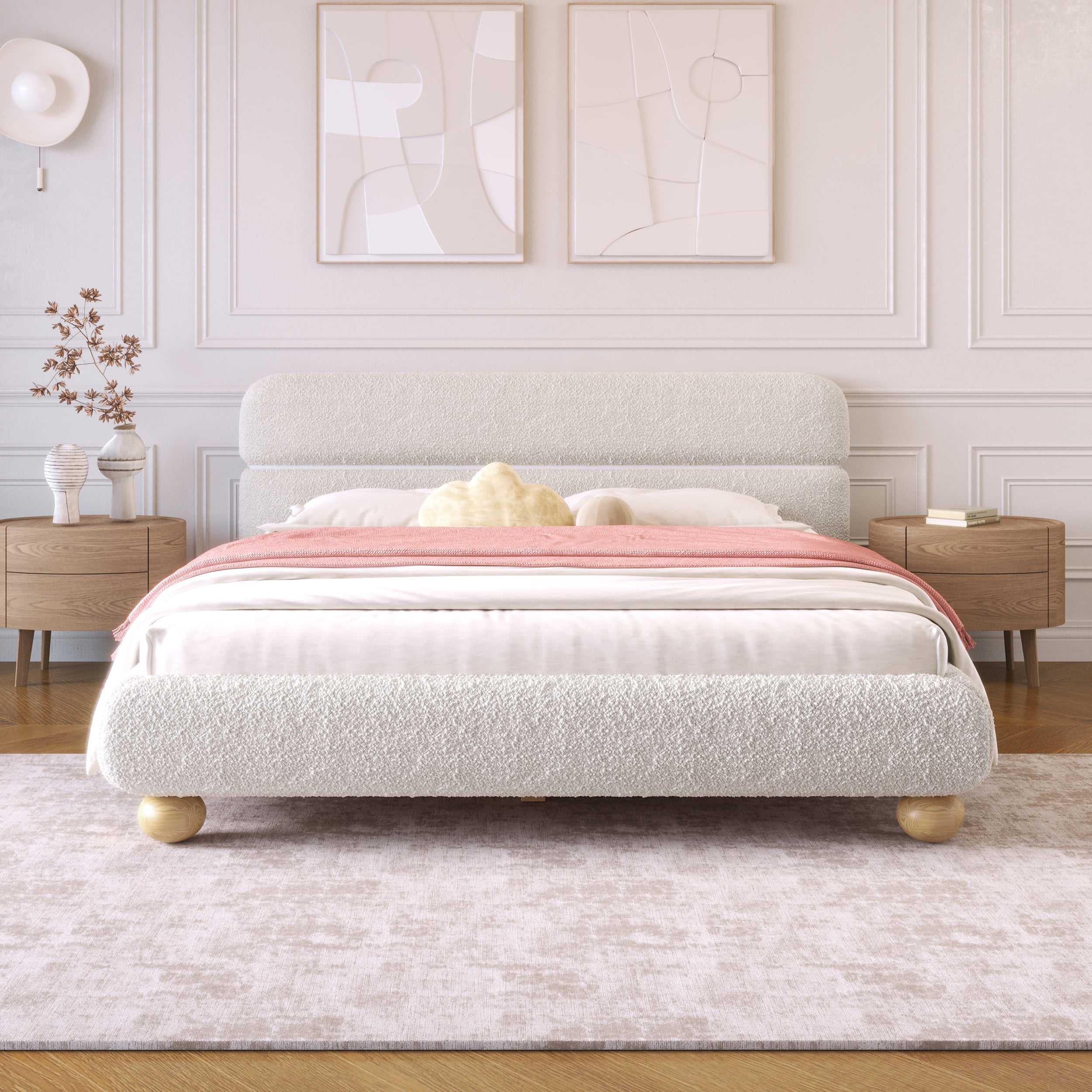 Euroco Teddy Fleece Fabric Queen Size Platform Bed with Round Legs, White